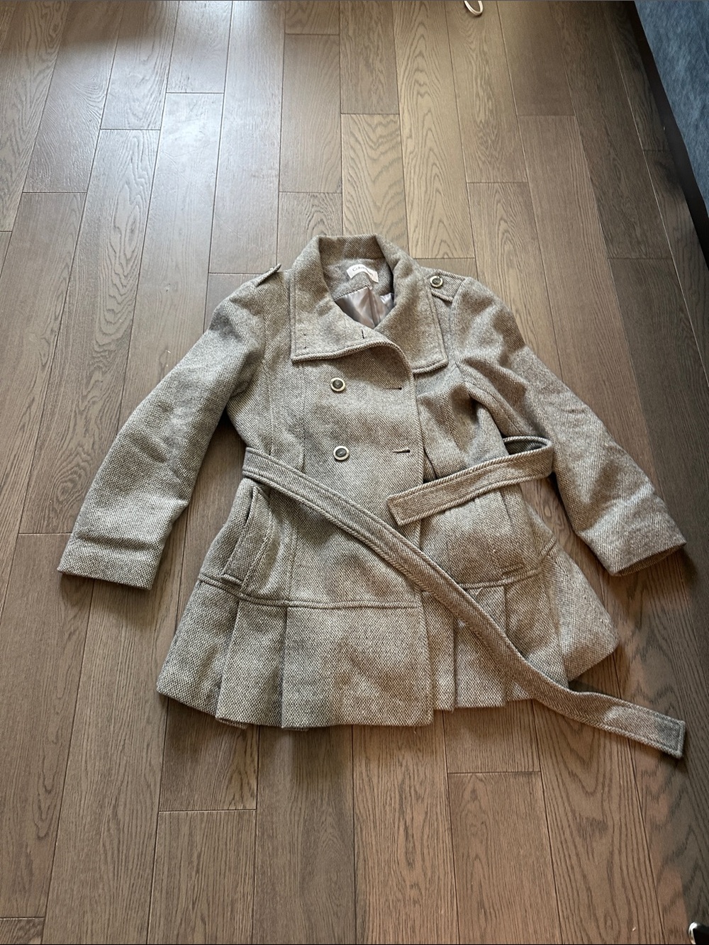 Calvin Klein Taupe Wool-Blend Double-Breasted Peacoat with Belt